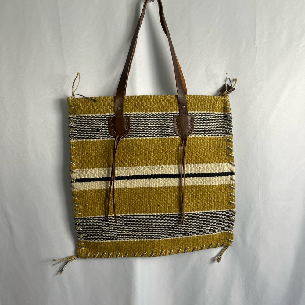 Striped Mustard Woven Tote with Brown Leather Handles 18 X 18